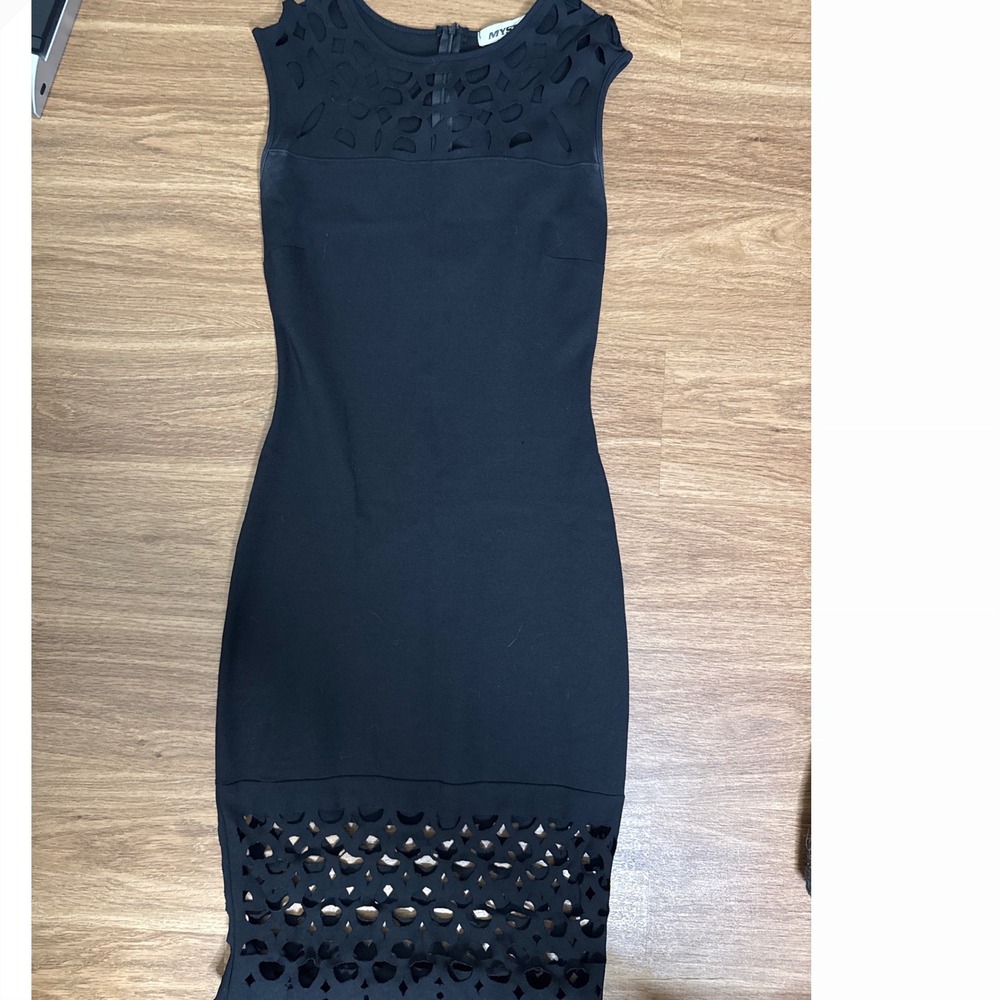 Mystic Womens Black Laser Cut Sheath Bodycon Dress‎ Sleeveless Cocktail Knee